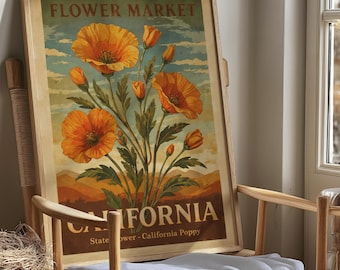 Kaliforniens vallmoblommamarknadstryck, vintage botanisk affisch, neutral blomsterdekor
