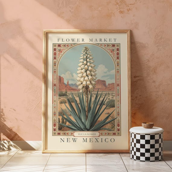 New Mexico Flower Market Print, Yucca Flower Poster, State Wall Art, Southwestern Desert Botanical Poster, Vintage Landscape Home Decor
