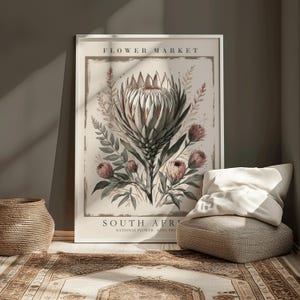 Südafrika Nationalblume, König Protea Poster, Blumenmarkt Kunstdruck, Moderne Botanische Wanddekoration, Afrikanisches Reiseplakat, Neutrale Kunst
