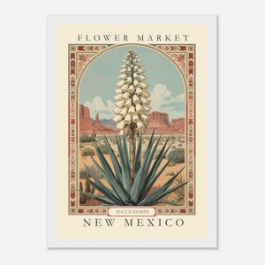 A vintage-style botanical illustration of the New Mexico state flower, the Yucca, framed with folk-art-inspired borders and set against a southwestern desert landscape under blue sky and red mesas.
