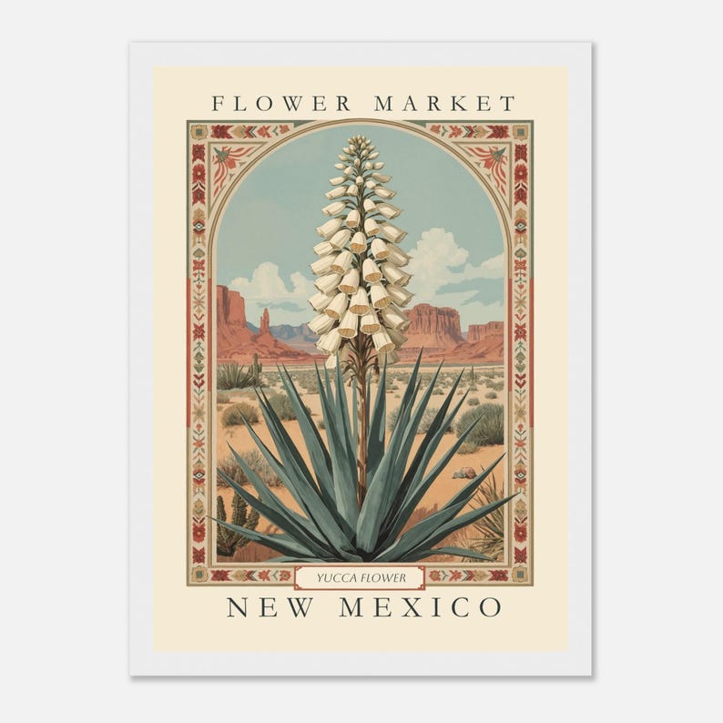 A vintage-style botanical illustration of the New Mexico state flower, the Yucca, framed with folk-art-inspired borders and set against a southwestern desert landscape under blue sky and red mesas.