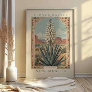 A vintage-style botanical illustration of the New Mexico state flower, the Yucca, framed with folk-art-inspired borders and set against a southwestern desert landscape under blue sky and red mesas.