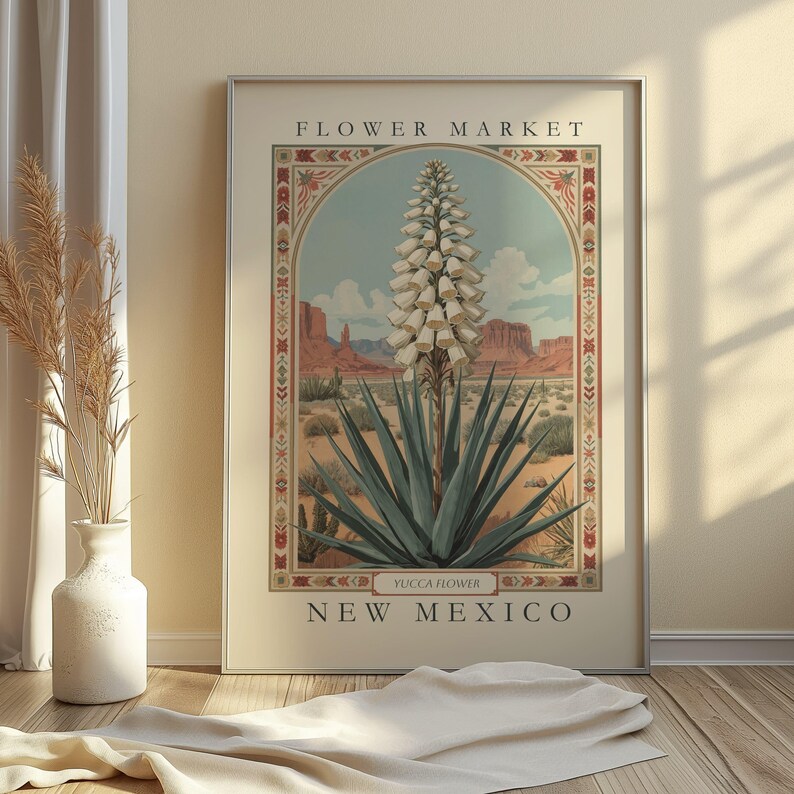 A vintage-style botanical illustration of the New Mexico state flower, the Yucca, framed with folk-art-inspired borders and set against a southwestern desert landscape under blue sky and red mesas.