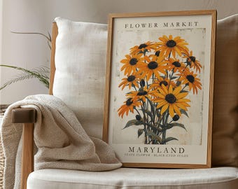 Maryland Flower Market Print, Black Eyed Susan State Flower Wall Art, Wildflower Botanical Poster, Maryland Gift, Nature-Inspired Wall Decor