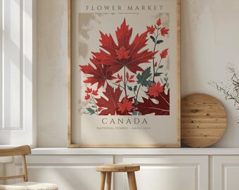 May include: A framed art print featuring a stylized illustration of red maple leaves, with the word "CANADA" and "NATIONAL SYMBOL - MAPLE LEAF" at the bottom. The words "FLOWER MARKET" are at the top.