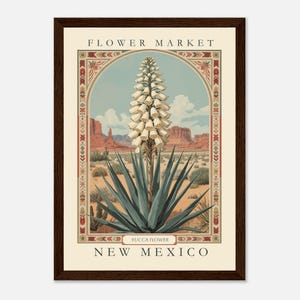 A vintage-style botanical illustration of the New Mexico state flower, the Yucca, framed with folk-art-inspired borders and set against a southwestern desert landscape under blue sky and red mesas.