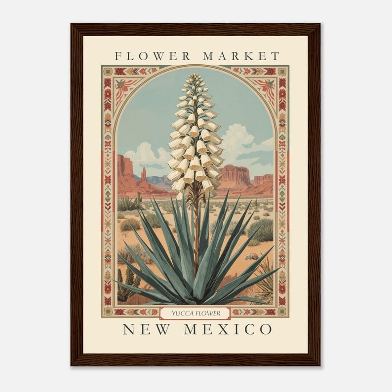 A vintage-style botanical illustration of the New Mexico state flower, the Yucca, framed with folk-art-inspired borders and set against a southwestern desert landscape under blue sky and red mesas.