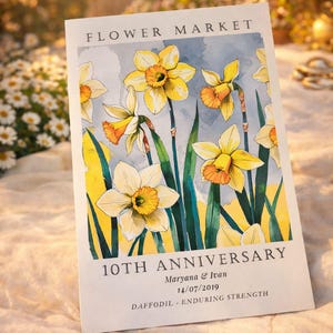 Personalized aluminum anniversary print featuring daffodils, created as a tin anniversary gift for a couple celebrating their 10 year wedding anniversary