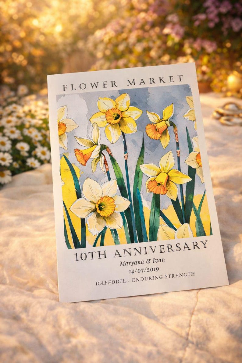 Personalized aluminum anniversary print featuring daffodils, created as a tin anniversary gift for a couple celebrating their 10 year wedding anniversary