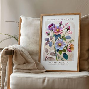 North Dakota Flower Market Print, Iowa State Poster, Wild Prairie Rose Print, Custom State Wall Art, Personalized Vintage Botanical Wall Art