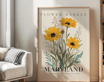 Maryland Flower Market Print, Black Eyed Susan State Flower Wall Art, Wildflower Botanical Poster, Maryland Gift, Nature-Inspired Wall Decor