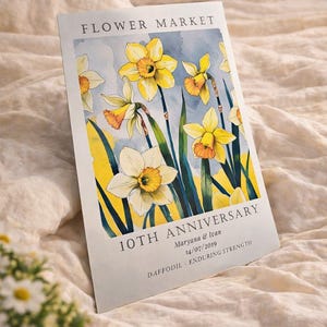 Personalized aluminum anniversary print featuring daffodils, created as a tin anniversary gift for a couple celebrating their 10 year wedding anniversary