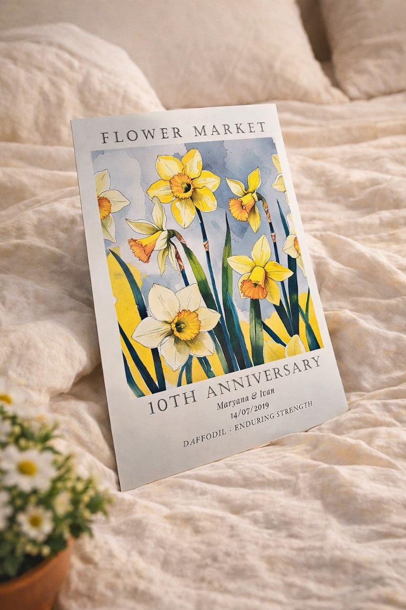 Personalized aluminum anniversary print featuring daffodils, created as a tin anniversary gift for a couple celebrating their 10 year wedding anniversary