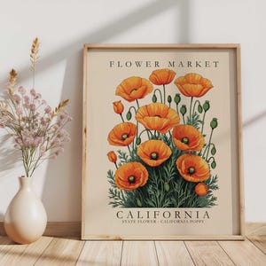 Impresión de la flor estatal de la amapola de California, póster del mercado de flores de California, póster botánico vintage, arte mural de flores silvestres, decoración natural de California