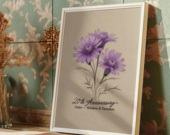 20th Anniversary Aster Print – China Wedding Anniversary Gift, Personalized Floral Wall Art for 20 Years of Marriage