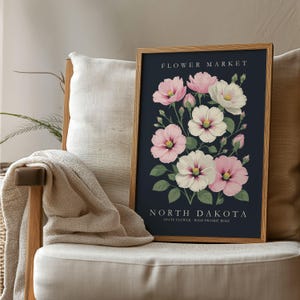North Dakota Flower Market Print, Iowa Flower Market Print, Custom State Flower Poster, Vintage Wild Prairie Rose Poster with Custom Title