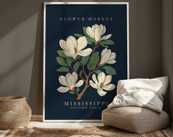 Plakat z targu kwiatowego w Missisipi, plakat vintage z południową magnolią, prezenty z Missisipi