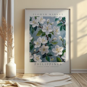 Stampa del mercato dei fiori di Sampaguita, Filippine, stampa murale floreale nazionale, stampa botanica filippina, decorazione floreale di gelsomino bianco, poster tropicale