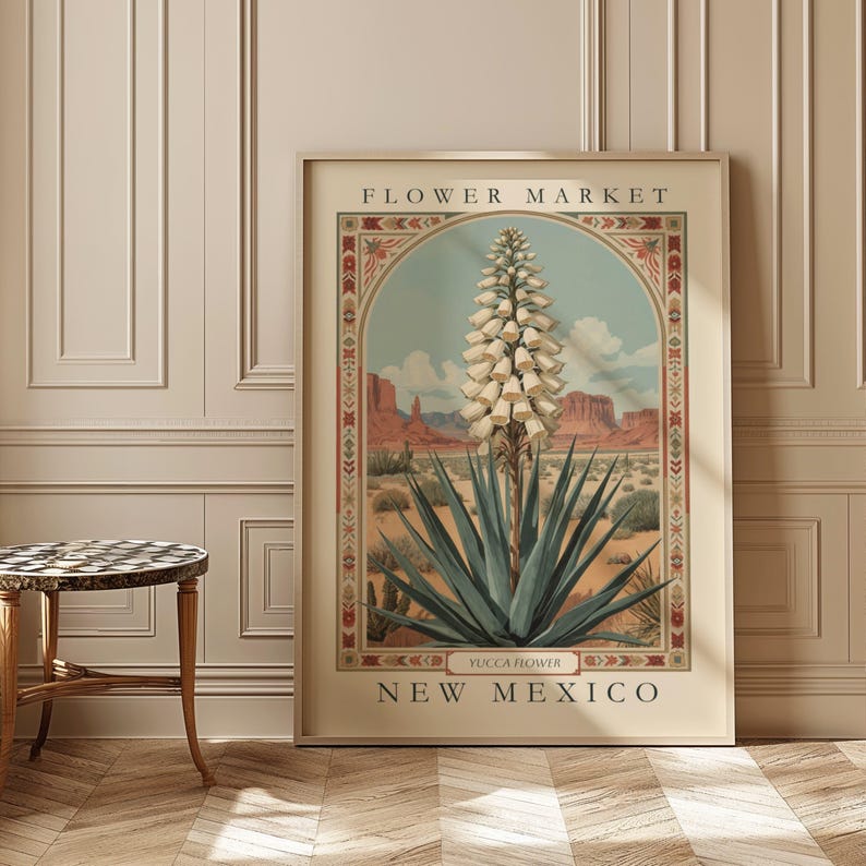 A vintage-style botanical illustration of the New Mexico state flower, the Yucca, framed with folk-art-inspired borders and set against a southwestern desert landscape under blue sky and red mesas.