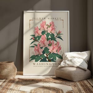 Estampado de flores del estado de Washington, arte mural de rododendro del Pacífico, póster botánico vintage, póster del mercado de flores de Washington, obra de arte estatal