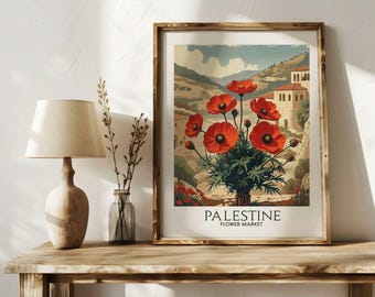 Palestina bloemenmarkt print, poster rode anemoon, Palestijnse kunst, poster Midden-Oosten, vintage reisstijl cadeau, neutraal landschapsdecor