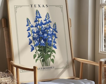 Texas Bluebonnet Flower Market Print, Vintage Botanical Wall Art