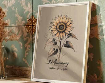 3rd Anniversary Sunflower Print – Leather Wedding Anniversary Gift, Personalized Floral Wall Art for 3 Year Marriage Milestone