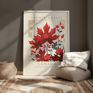 Vintage Kanada Blumenmarkt Poster, Ahornblatt Wand Kunst Druck, Nationales Symbol von Kanada, Rotes Laub Illustration