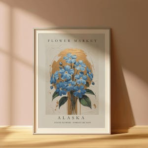 Alaska State Flower, Alaska Flower Market Art Print, Forget Me Not Wall Art , Neutral Botanical Pastel Artwork