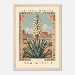 A vintage-style botanical illustration of the New Mexico state flower, the Yucca, framed with folk-art-inspired borders and set against a southwestern desert landscape under blue sky and red mesas.