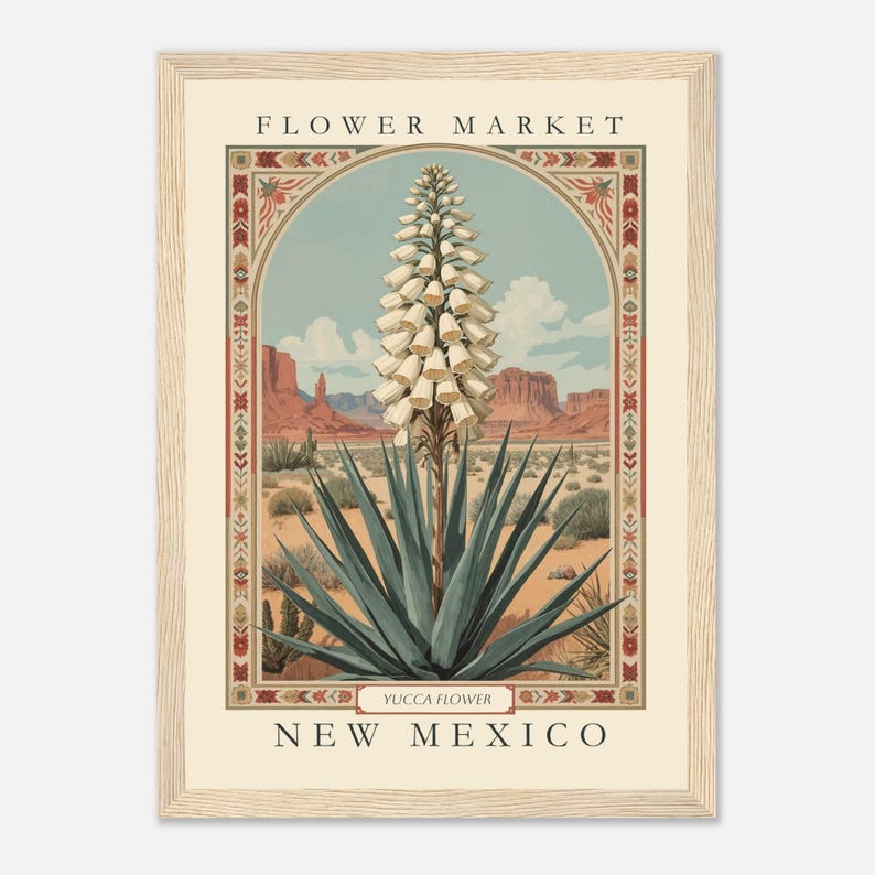 A vintage-style botanical illustration of the New Mexico state flower, the Yucca, framed with folk-art-inspired borders and set against a southwestern desert landscape under blue sky and red mesas.