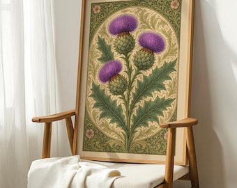 Scotland National Flower, Thistle Poster, Scotland Flower Market Art Print, Sage Green Wildflower Wall Art, William Morris Botanical Artwork