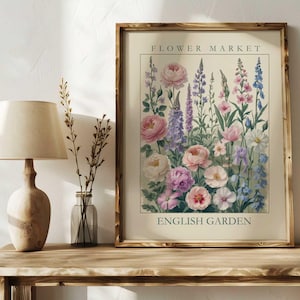 Stampa floreale di un giardino inglese, stampa botanica vintage da parete, poster floreale Cottagecore, illustrazione di peonie, delphinium, cosmos e rose