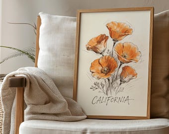 California Flower Market Print, California Poppy Poster, State Botanical Poster, Wildflower Wall Art, California Nature Decor, Poppy Artwork