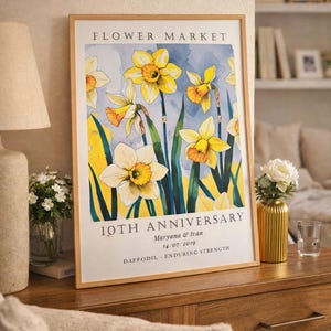 Personalized aluminum anniversary print featuring daffodils, created as a tin anniversary gift for a couple celebrating their 10 year wedding anniversary