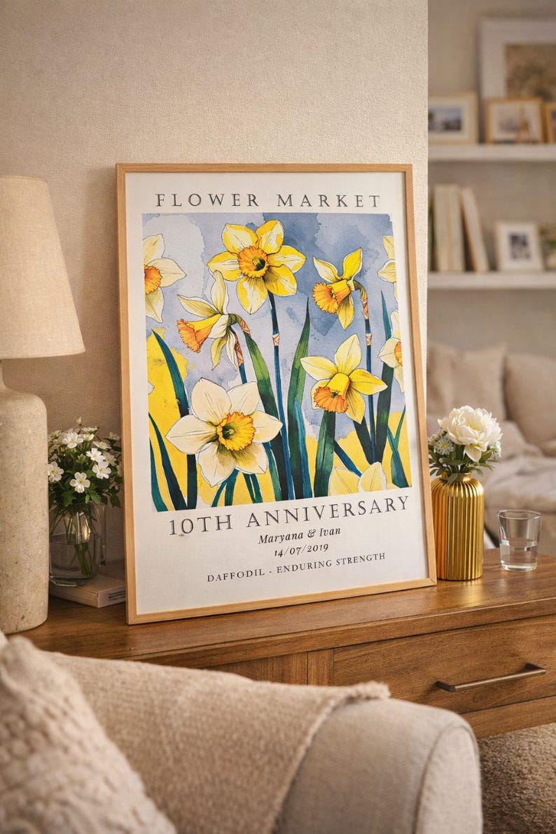 Personalized aluminum anniversary print featuring daffodils, created as a tin anniversary gift for a couple celebrating their 10 year wedding anniversary