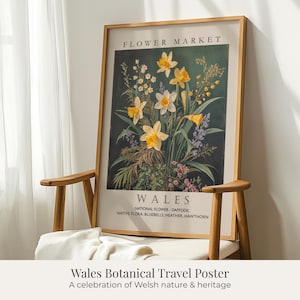 Wales Flower Market Print, Daffodil Botanical Artwork, Vintage Floral Poster