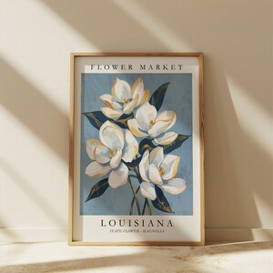 Louisiana Flower Market poster featuring the state flower Magnolia, elegant white blossoms with golden highlights and deep green leaves against a soft blue textured background in vintage botanical art style.