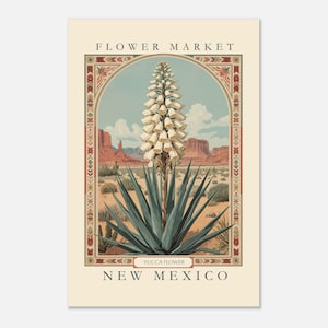 A vintage-style botanical illustration of the New Mexico state flower, the Yucca, framed with folk-art-inspired borders and set against a southwestern desert landscape under blue sky and red mesas.