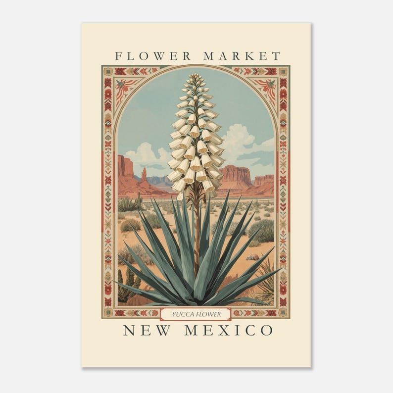 A vintage-style botanical illustration of the New Mexico state flower, the Yucca, framed with folk-art-inspired borders and set against a southwestern desert landscape under blue sky and red mesas.