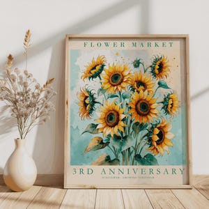 Póster de girasol para el tercer aniversario, impresión artística personalizada para el mercado de flores, aniversario de cuero, regalo para el esposo, regalo para la esposa