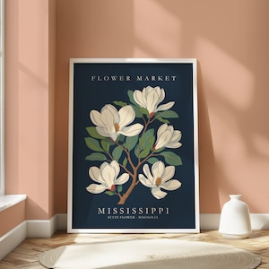 Mississippi Blumenmarkt Druck, Magnolie Wandkunst, Mississippi State Wandkunst, Südliche Magnolie Vintage Poster, Mississippi State Geschenke