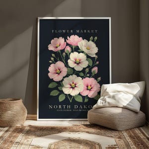 Rosa de la pradera silvestre, póster personalizado de flor estatal (Iowa, Dakota del Norte), impresión para mercado de flores, título estatal personalizado, arte mural botánico vintage