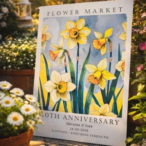 Personalized aluminum anniversary print featuring daffodils, created as a tin anniversary gift for a couple celebrating their 10 year wedding anniversary
