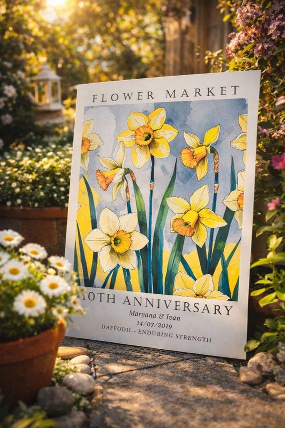 Personalized 10 year Anniversary Gift, Tin Anniversary Gift, Metal Aluminum Print, Symbolic Metal Wall Art for Couple, Daffodils Poster