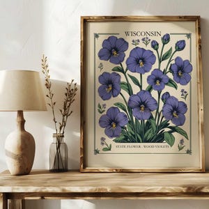 Impresión del mercado de flores de Wisconsin, arte mural de violeta de madera, póster botánico de arte estatal de Wisconsin, arte del Medio Oeste, regalo floral para decoración del hogar de Wisconsin