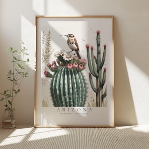 Arizona State Bird Print, Cactus Wren Vintage Botanical Art, Arizona State Art, Southwest Bird Poster, Desert Wall Décor, Arizona Decor