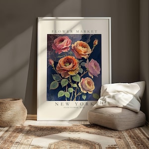 Impresión de flores del estado de Nueva York, póster botánico de rosas, póster artístico del mercado de flores de Nueva York, obra de arte en tonos pastel de rosas neutras, arte mural floral del estado