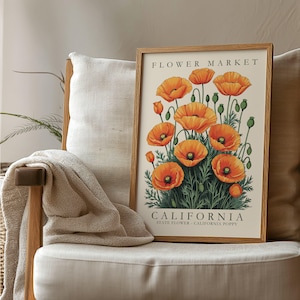 California Flower Market Print, California Poppy Poster, State Botanical Poster, Wildflower Wall Art, California Nature Decor, Poppy Artwork