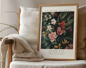 Hawaii Flower Market Print, Tropical Wall Art, Hawaii Botanical Poster, Hibiscus & Plumeria Art, Island Floral Decor, Hawaiian Nature Gift